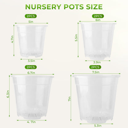 MeiVista 8 Pack Clear Nursery Pots with Drainage Holes, 5/6/6.7/7.5 Inch Sturdy Transparent Plastic Planters for Indoor & Outdoor, Includes 10 Labels, Ideal for Seed Starting and Planting