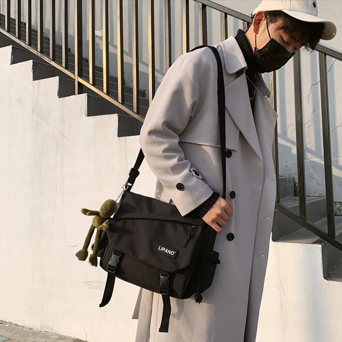 Aesthetic Crossbody laptop Bag, 15.6 Inch laptop messenger bag for women men, Cute Shoulder Bag with Cute Pins and Ornament Black