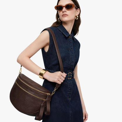 Leather Crossbody Fanny Pack Trendy Bum Bag Double Zip Multi Compartment with 2 Adjustable Straps Daily Belt Purse for Women
