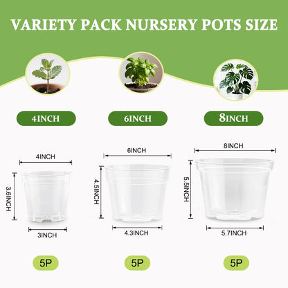 RooTrimmer 15 Pack 8/6/4 Inch Clear Nursery Pots with Drainage Hole, Transparent Plastic Plant pots, Sturdy Planting Starter Pots for Seedlings Herbs Flowers Vegetable (Clear-15P)