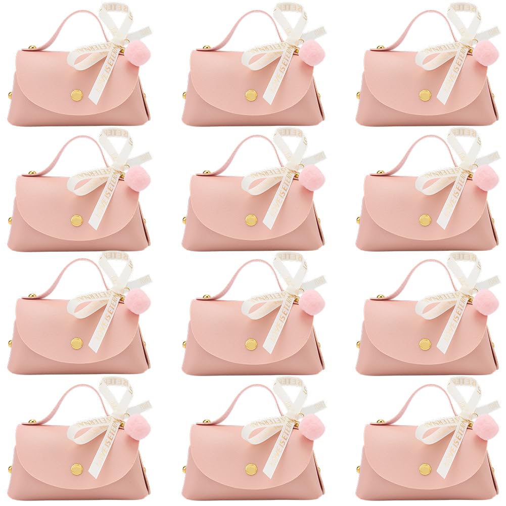 CALFOVERA 12 Sets Pink PU Leather Party Favor Boxes Mini Leather Gift Wrapping Handbags Reusable Chocolate Candy Bags Elegant Treat Purses with Ribbons for Birthday Wedding Halloween Christmas