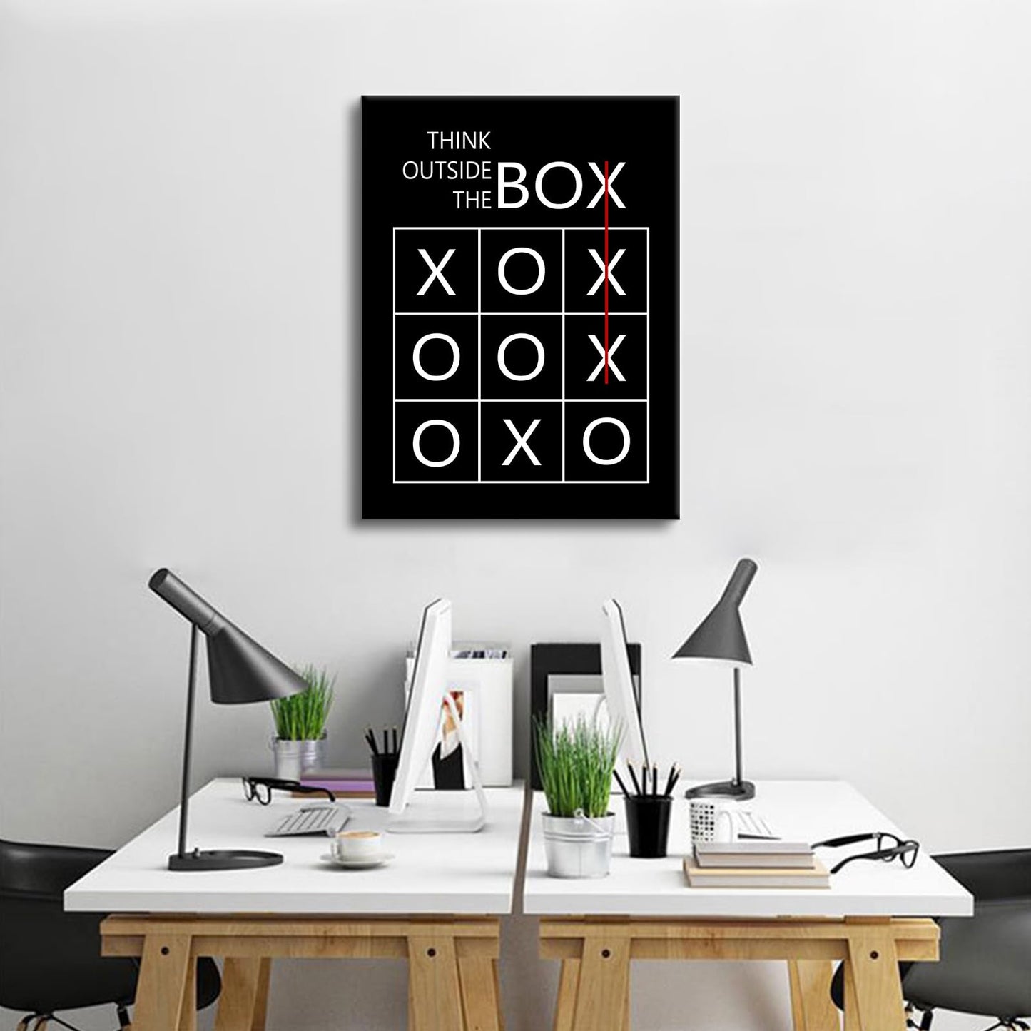 YSPCSUN Inspirational Office Decor Wall Art Think Outside The Box Canvas Print Entrepreneur Motivational Posters Creative Tic Tac Toe Painting For Men Workspace Ready To Hang 24x18 Inch