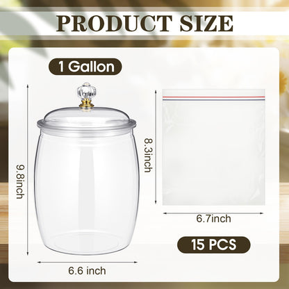 Nuogo 1 Gallon Large Candy & Cookie Jar with Lid and 15 Pcs Food Storage Bags 128 oz Plastic Apothecary Jars Large Food Storage Container Unbreakable Kitchen Jar for Cookie Candy Snack Dried Foods