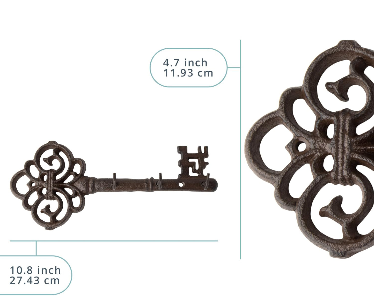 Comfify Brown Cast Iron Skeleton Key Wall Hook – 3 Hooks, 10.8" L