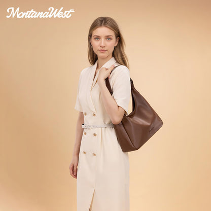 Montana West Hobo Bag Purse for Women Slouchy Casual Shoulder Handbags Purses Soft Vegan Leather Purse Tote Bag Everyday Work Ladies Coffee MWC-614CF