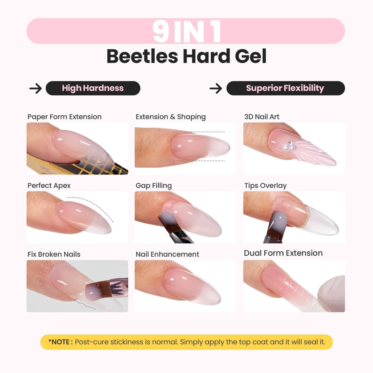 Beetles Builder Gel for Nails-3 Colors 9 in 1 Nail Extension Sculpting Building Clear Nude Pink Hard Gel Kit with Base Top Coat for Pros Women,UV & LED Lamp Cured Needed