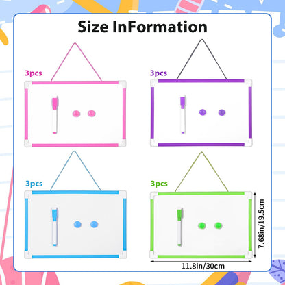 12 Set Hanging Magnetic Dry Erase Board, 11.8" x 7.68" Small Double-Sided Whiteboard Kit for Kids & Classroom, Includes Markers & Magnets (Pink, Blue, Green, Purple)