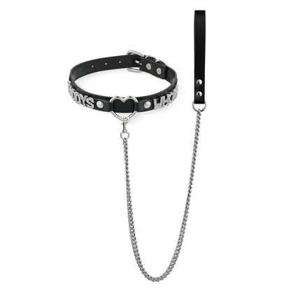 ADEMISHIA Black Heart O-ring Leather Collar and Leash Set, Adjustable Gothic Choker Necklace with Rhinestones Letters 38 Inches Durable Aluminum Chain Leash