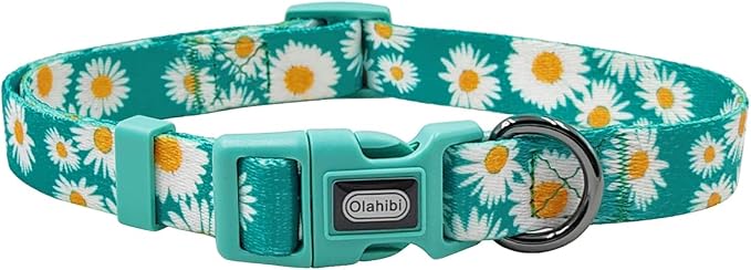 Dog Collar and Leash Set, Cute Daisy Pattern, Polyester Material, 5ft Leash, for Medium Dogs.(Medium,Green Daisy)