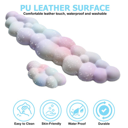 Cloud Wrist Rest Keyboard, PU Leather Memory Foam Wrist Support for Computer Keyboard, Ergonomic Keyboard Pad and Cute Mouse Wrist Pad for Gaming, Office, Computer, Easy Typing Pain Relief, Rainbow