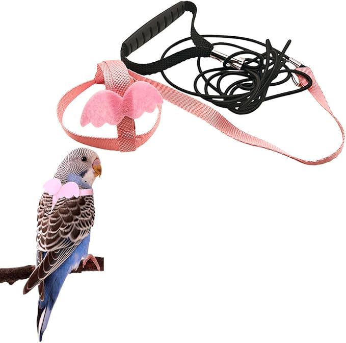 Pet Parrot Bird Harness and Leash, Adjustable Training Design Anti-Bite, Bird Nylon Rope with Cute Wing for Parrots, Suitable for Macaw Cockatoo Cockatiel Lovebird Conure African Grey (Pink,M)
