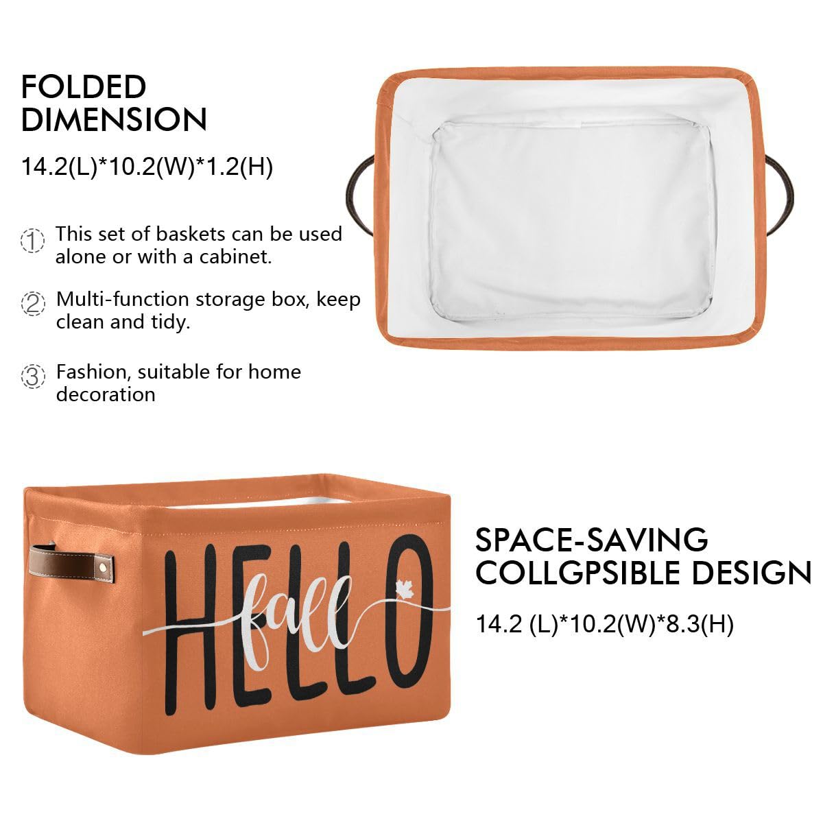 Hello Fall Orange Storage Basket Fabric Kitchen Baskets Autumn Pumpkin Open Home Storage Bins Boxes Foldable Organizer Bag for Baby Cloth Pet Toy Book Shelf Closet Baskets 16×12×8 Inches