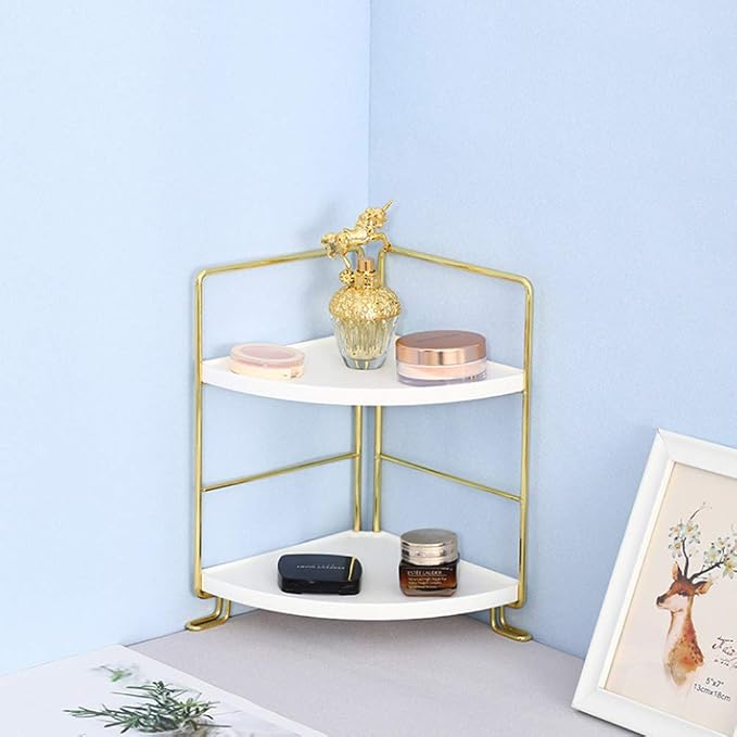 2-Tier Kitchen Spice Rack-Corner Bathroom Shelf- Triangle Standing Storage Rack for Bathroom, Living Room, Bedroom, Kitchen (Golden)