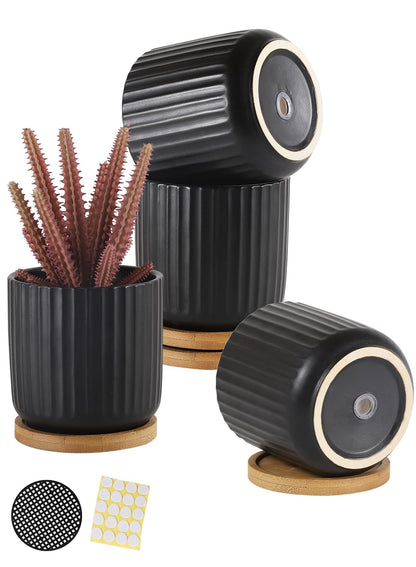 OMAYKEY 4 Inch Ceramic Plant Pot with Saucer, Small Planters Pots with Drainage Hole and Mesh Pads for Succulent, Cactus, Herbs, Stripe Pure Black