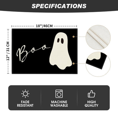 Artoid Mode Boo Ghost Halloween Placemats Set of 6, 12x18 Inch Seasonal Black Holiday Table Mats for Party Kitchen Dining Decoration