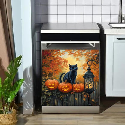Halloween Black Cat Dishwasher Magnet Cover, Fall Garden Pumpkin Lantern Dish Washer Ccovers for The Front Magnetic Panel Decal, Refrigerator Magnets for Kitchen Decorative Sticker, 23"x26"