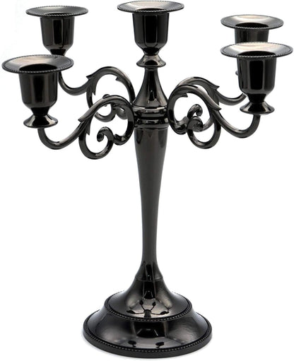 JEVIMORY Black Candelabra Candle Holders for Pillar Candles 10.6 inch Tall, 5 Candle Candlestick Holder for 1/2-1 inch Taper Candles Halloween Candelabra Decoration Easy Assembly (Black)