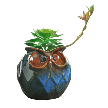 GeLive Blue Owl Ceramic Succulent Planter with Drainage Hole Animal Plant Pot Tabletop Decoration Vase Window Box Indoor Outdoor Decor (Blue)