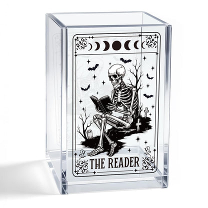 Mhfpl The Reader Acrylic Cosmetic Pencil Pen Holder Cup, Funny Bookworm Skeleton Theme Gifts for Bookworm Book Lover Reader Book Club Member College Student, Thank You Gifts for Librarian Teacher