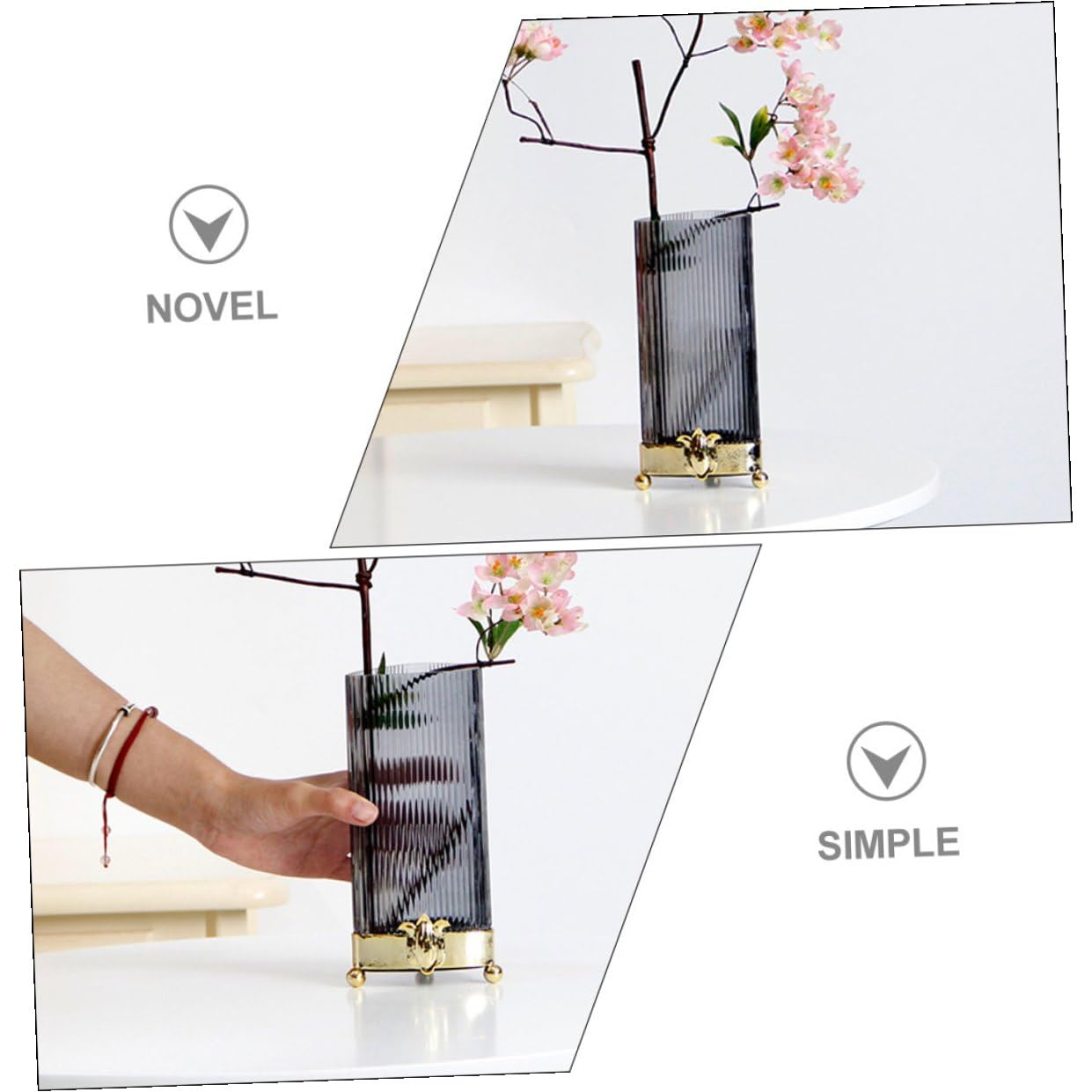 NUOBESTY Glass Flower Vase with Iron Base, Angular Shape Design, Gray Decorative Terrarium Vase for Hydroponic Plants and Home Table Centerpieces