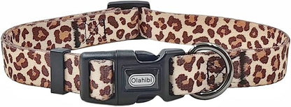 Dog Collar Leash Set, Leopard Pattern, Polyester Material, Adjustable Collar and 5ft Matching Leash, for Puppy Dogs.(XS, Light Coffee Leopard)