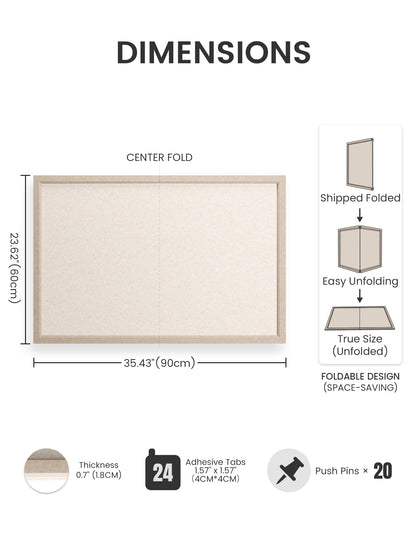 Fluxynara Foldable Cork Board Alternative, Felt Bulletin Board 35.4" x 23.6" Deep Camel Frame with 24 Adhesive Tabs, Pin Board for Home Office, Classroom, Entryway, Kitchen Wall Decor—Oatmeal