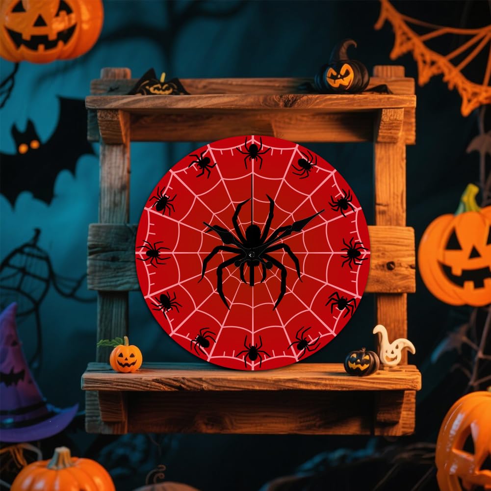 CHGCRAFT Halloween Spider Pattern Wall Clock 12 Inch Non-Ticking Spider Web Clocks Round Wall Hanging Clock Battery Operated for Bedroom Living Room Kitchen Office