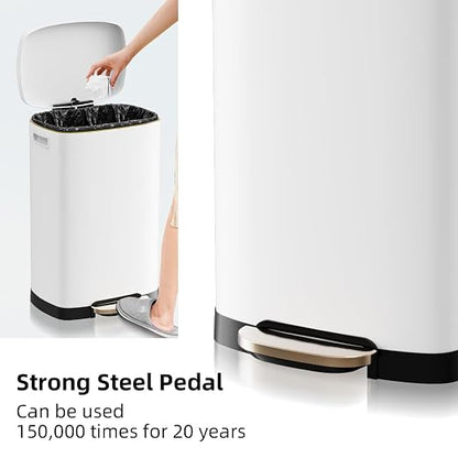 KdbK 13 Gallon Trash Can with Lid, 50L Fingerprint Proof Stainless Steel Kitchen Trash Can with Removable Inner Bucket and Lid Soft Close, Pedal Rubbish Bin for Home Office, White