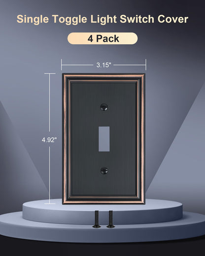 TREEWELL 4-Pack Single Toggle Light Switch Cover Plate, Durable Solid Zinc Alloy Decorative Switch Plate Covers, Aged Bronze 1 Gang Wall Plate, Corrosion Resistant