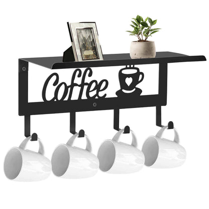 ArtHue Wall Mounted Coffee Mug Holder, Black Metal with 4 Hooks, Mug Rack with Storage Shelf for Kitchen, Office, Farmhouse, Home Decor