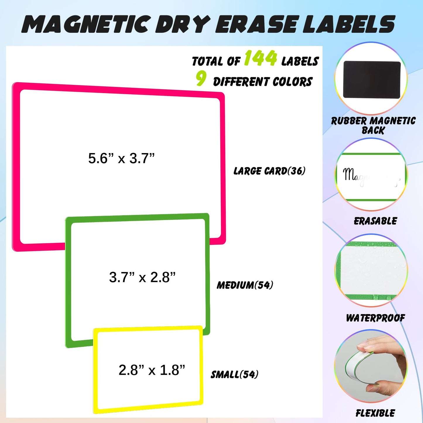 Meanplan 176 Pcs White Board Accessories Set 144 Magnetic Dry Erase Labels 12 Rolls Thin Whiteboard Tape 8 Magnetic Fine Tip Dry Erase Markers 12 Round Planning Buttons for Office Home (Various Sizes)