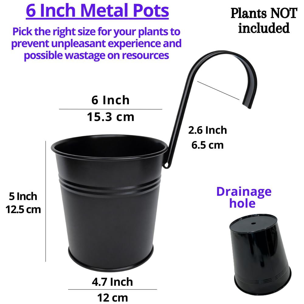 LaLaGreen Rail Planter (6 Inch, 12 Pack) Black Metal Hanging Flower Railing Fence Balcony Gardening for Apartment Patio Planters Outdoor Deck Modern Decoration Garden Style Iron Porch Decor Pots