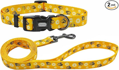 Dog Collar Leash Set, Floral Pattern, Polyester Material, Adjustable Collar and 5ft Matching Leash, for Puppy Dogs.(XS, Bee Daisy)