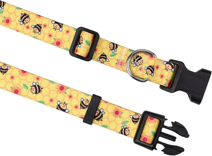 Mihqy Dog Collar and Leash Set with Bohemia Floral Tribal Geometric Patterns - Soft Ethnic Style Collar Adjustable for Small Medium Large Dogs(Bee Set,M)