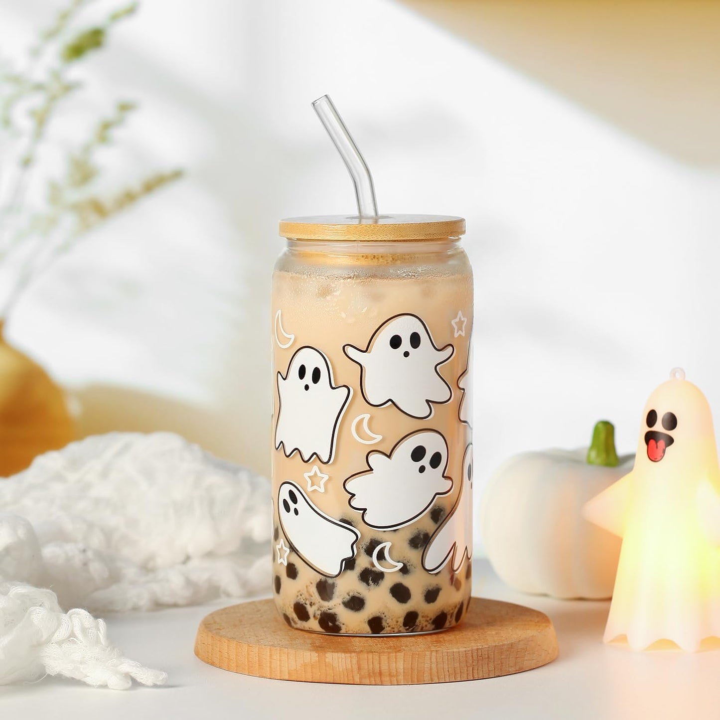 KMCCUMBER Halloween Ghost Fall Glass Cup with Lids and Straws, 16 oz Ghost Fall Mug, Iced Coffee Glass Tumbler, Spooky Glass Cups, Goth Spooky Gifts for Her, Halloween Gifts for Women Teens