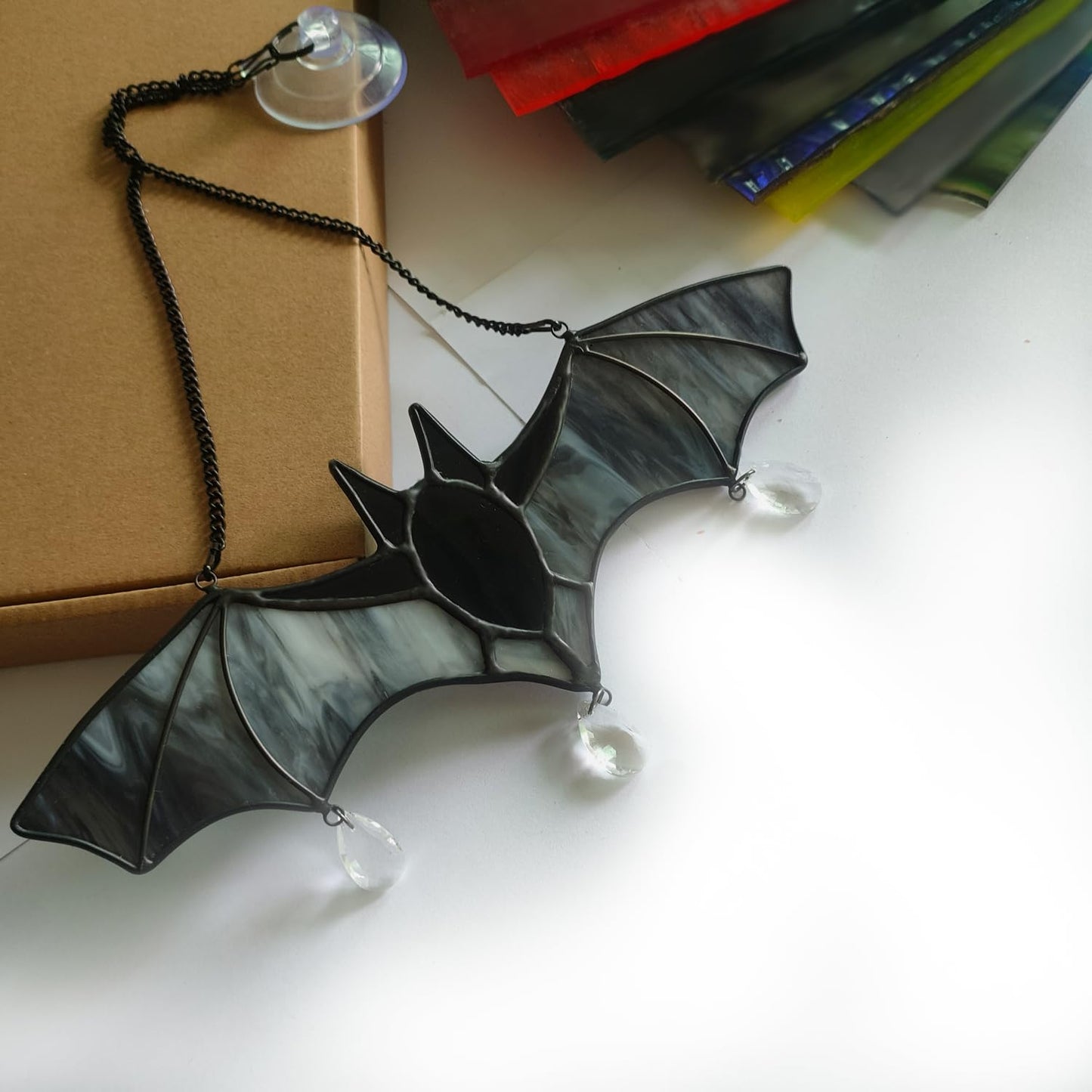 WeDcpcin Bat Stained Glass Window Hanging Sun Catcher (Grey) Halloween Decoration