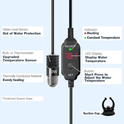 YOFOTHS Adjustable Mini Aquarium Heater 0.5/1/2/3 Gallon Submersible Small Fish Tank Heater 10W/20W/30W Digital Display Thermostat External Temperature Controller