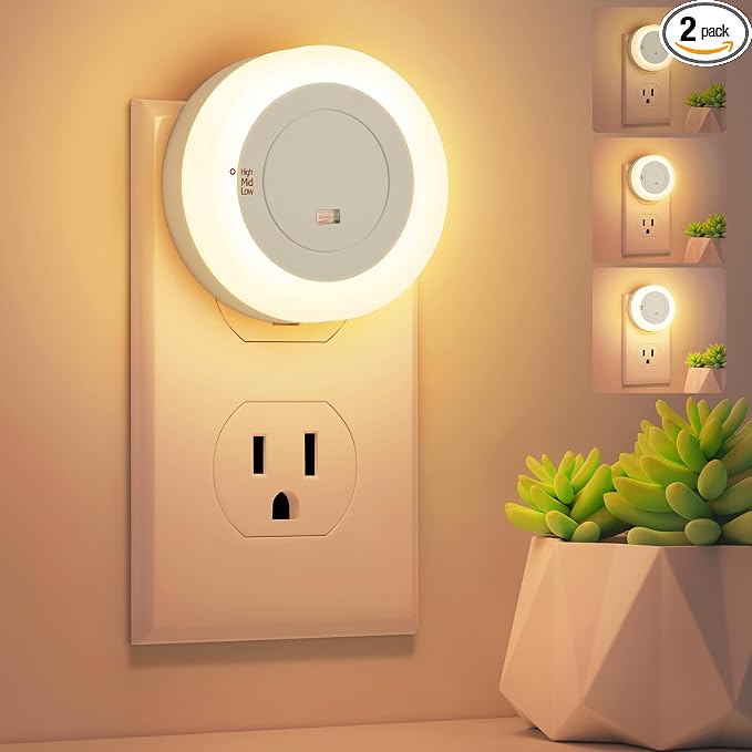 FOLKSMATE LED Night Lights Plug in, 2-Pack Dimmable Nightlight Plug Into Wall with Light Sensor, Soft White Adjustable for Adults, Bedroom, Bathroom, Livingroom