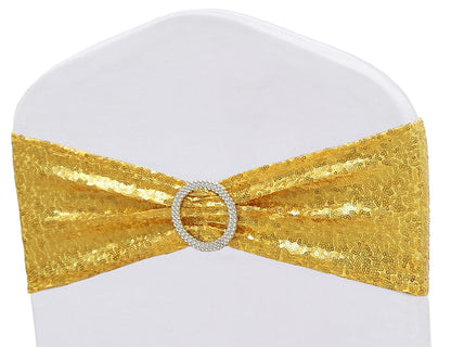 ZSJFMF Full Sparkly Sequins Gold Chair Sashes for Wedding, Shimmering Glitter Chair Bands Bows for Party Ceremony Event Decorations - 50 Pack