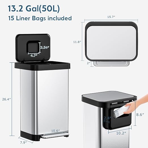 Arlopu 50L/13.2Gal Stainless Steel Trash Can W/15 Inner Bags & Rear Trash Bag Storage Compartment, Kitchen Step Trash Can with Lid & Built-in Deodorizer Box, Garbage Bin W/Foot Pedal (Sliver)