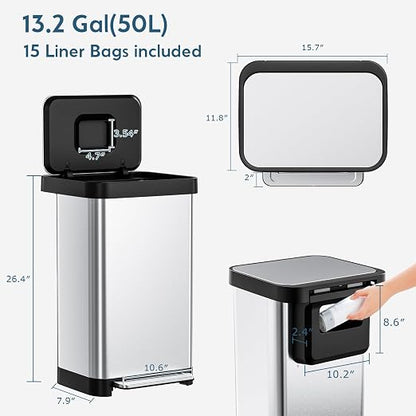 Arlopu 50L/13.2Gal Stainless Steel Trash Can W/15 Inner Bags & Rear Trash Bag Storage Compartment, Kitchen Step Trash Can with Lid & Built-in Deodorizer Box, Garbage Bin W/Foot Pedal (Sliver)