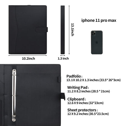 Wonderpool A4 PU Leather Portfolio Holder Ring File Document Case with Removable Binder Clipboard, Multi Pocket and Legal Pad for Business Organizer Interview and Meeting (Black)