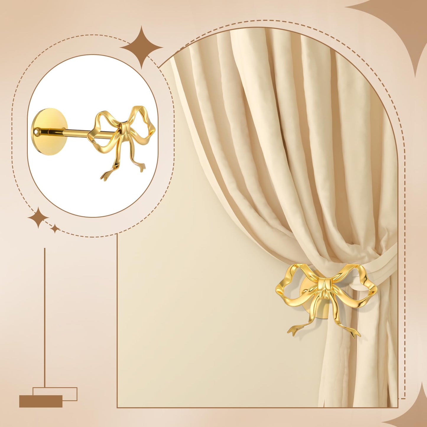 Blulu 2 Pcs Metal Bow Curtain Holdbacks Gold Wall Mounted Bow Curtain Hold Backs Curtains Modern Gold Holders for Living Room Bedroom Office Home