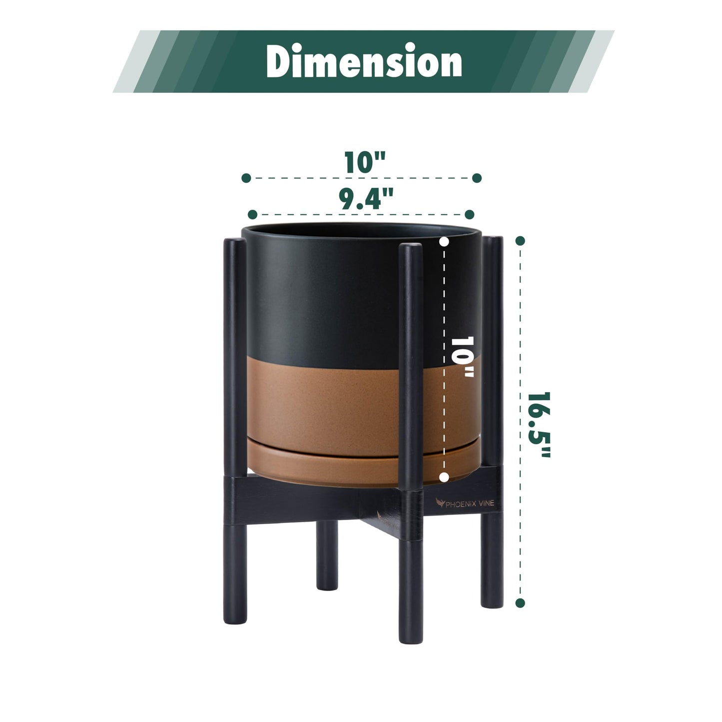 D'vine Dev Ceramic Planter with Ebony Stand - 10 Inch Modern Round Flower Pot with Wood Planter Holder, Black/Speckled Tan, 55-B-L-7