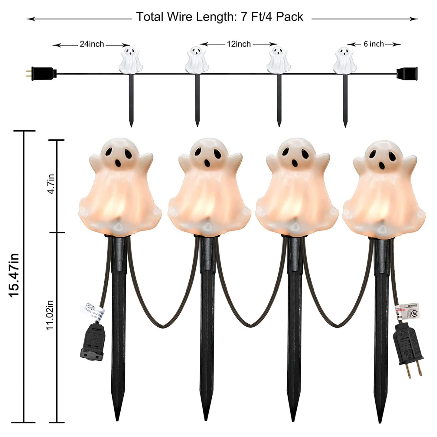 SUNSGNE Halloween Ghost Pathway Lights Outdoor, Set of 4 Ghost Halloween Stake Path Lights with C7 LED Bulbs for Outdoor Yard Walkway Garden Party Decoration