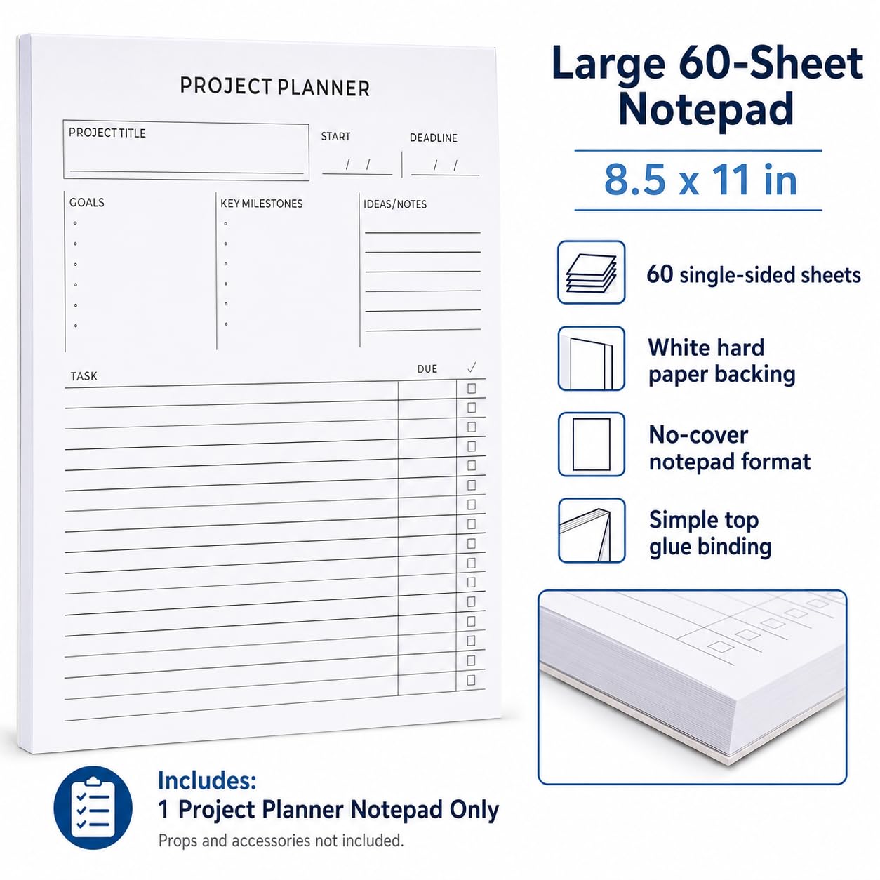 Fynora Project Planner Notepad, 8.5 x 11 Inch Tear-Off Project Planning Pad, 60 Sheets, Single-Sided Task Tracker with Goals, Milestones, Notes and Due Dates for Office, Work and School