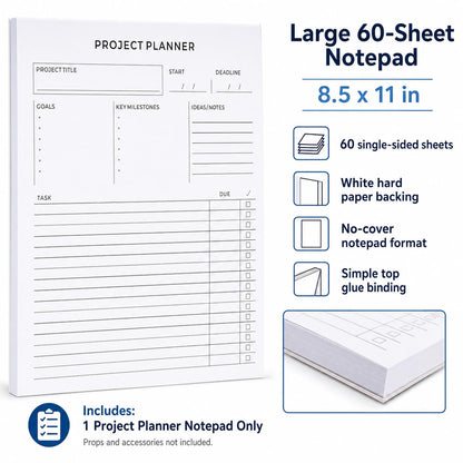 Fynora Project Planner Notepad, 8.5 x 11 Inch Tear-Off Project Planning Pad, 60 Sheets, Single-Sided Task Tracker with Goals, Milestones, Notes and Due Dates for Office, Work and School
