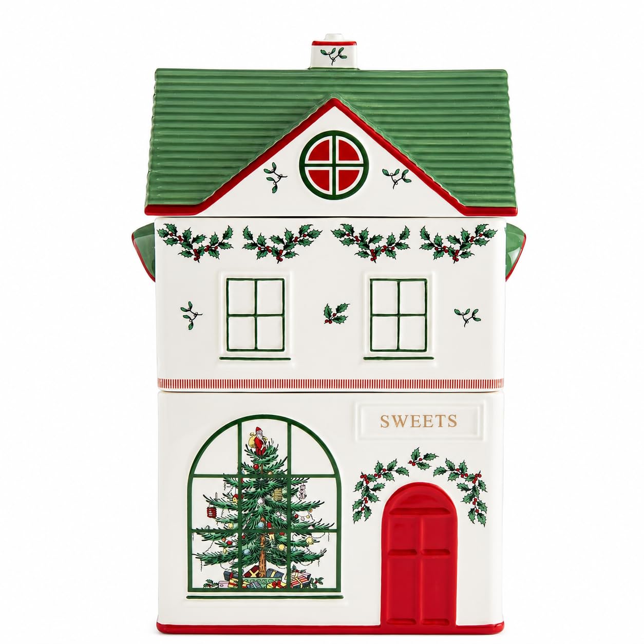Spode Christmas Village Canister with 3 Compartments - Festive Dolomite Holiday Storage Container for Food, Cookies, Treats, Baking Ingredients- Christmas House Design - Giftable Set for Holidays