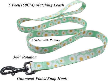 Dog Collar Leash Set, Floral Pattern, Polyester Material, Adjustable Collar and 5ft Matchcing Leash, for Large Dogs.(L, Light Green Daisy)