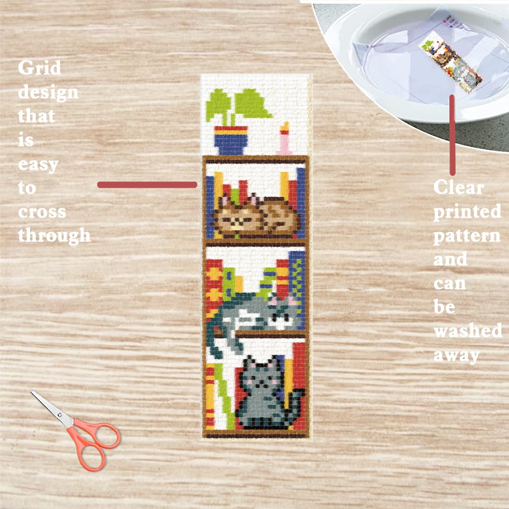 FREEBLOSS 6 Set Cross Stitch Bookmark Kits Cat and Books Bookmarks DIY Stamped Embroidery Bookmark Kit for Beginner Cross Stitch Kit DIY Embroidery Bookmarks Crossstitch Projects for Book Lovers